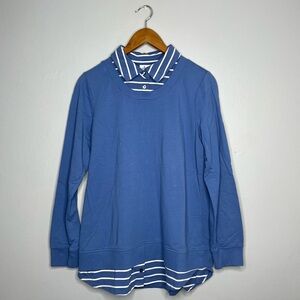 Denim & Co Blue French Terry Tunic w Layered Striped Collar + Hem C